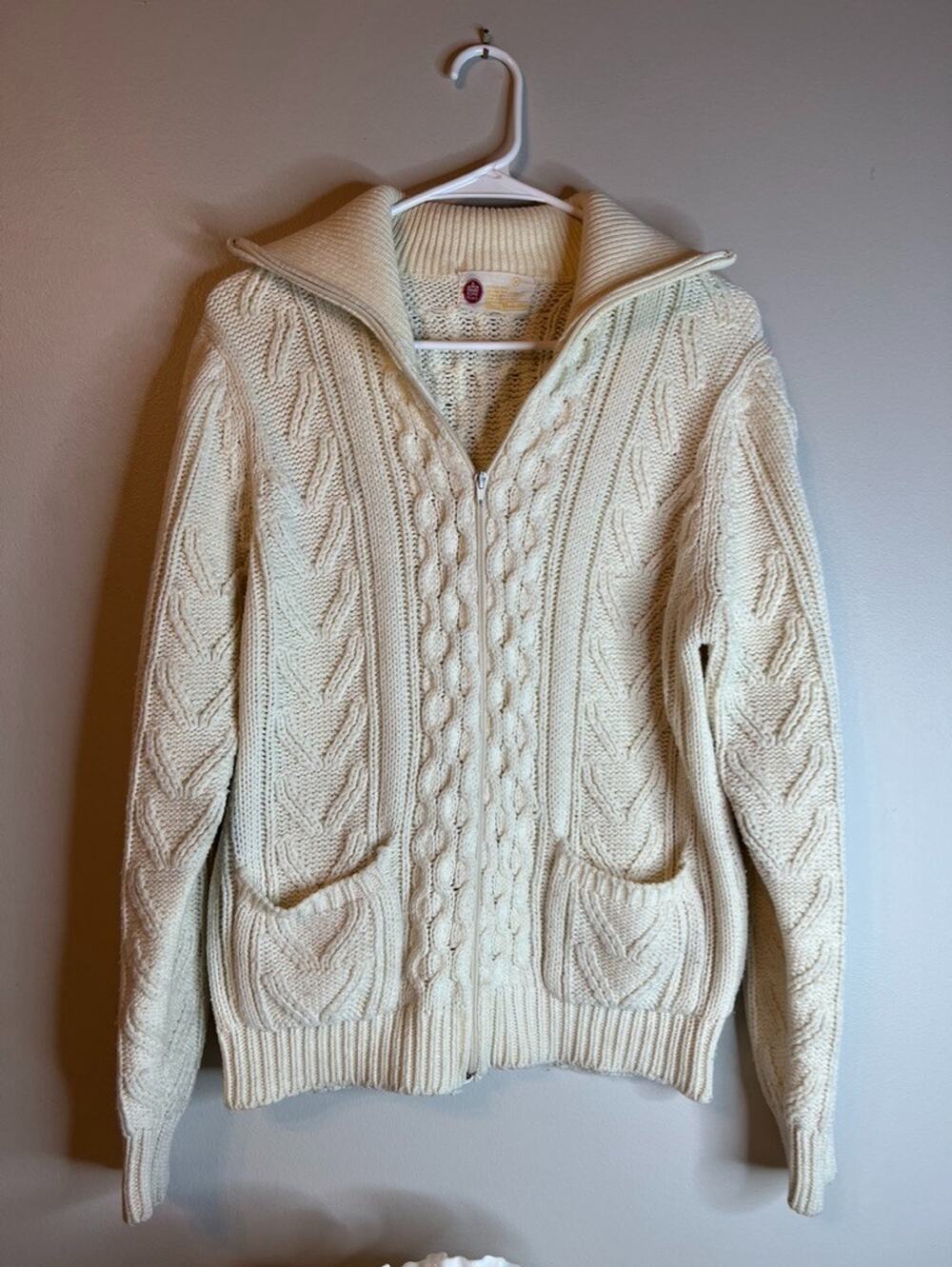 Vintage Sears Kings Road Ivory Acrylic Zip Cardigan Medium 70s Fisherman Grandpa